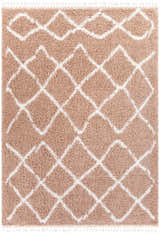Close-up of Hornsby Area Rug. Dusty pink shag rug with off-white geometric diamond pattern and tassels. Bohemian style. Design-Rectangle-679