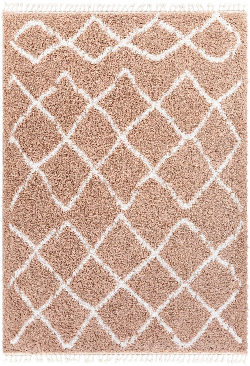 Close-up of Hornsby Area Rug. Dusty pink shag rug with off-white geometric diamond pattern and tassels. Bohemian style. Design-Rectangle-679