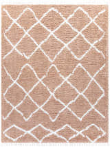 Close-up of the Hornsby Area Rug. Dusty pink shag rug with a bohemian white diamond pattern and tassels. Design-Rectangle-71010