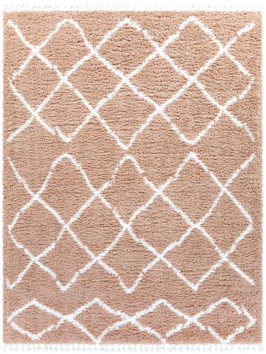 Close-up of the Hornsby Area Rug. Dusty pink shag rug with a bohemian white diamond pattern and tassels. Design-Rectangle-71010
