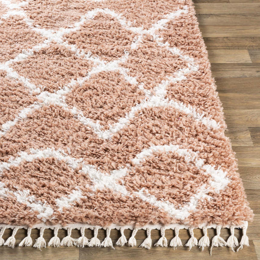 Close up of the Hornsby Area Rug, a dusty pink shag rug with off-white geometric pattern and tassels. Front