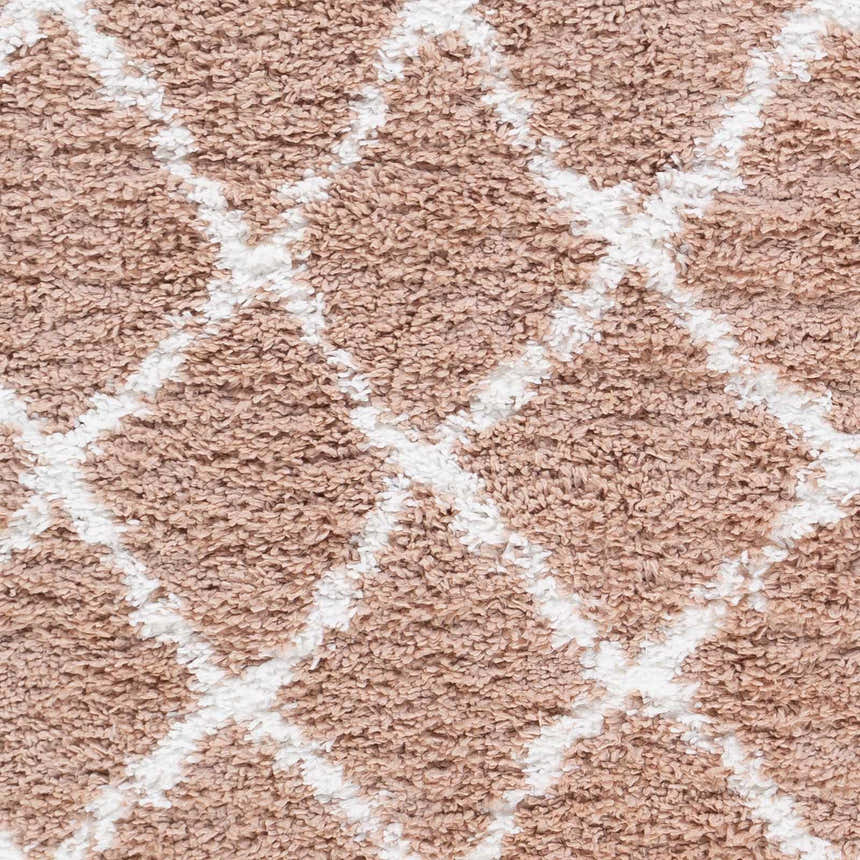 Close-up of the Hornsby Area Rug. Dusty pink shag rug with a geometric off-white diamond pattern. Soft texture. Swatch
