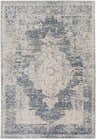 Close-up of the Herricks Denim Medallion Area Rug. Cream, denim, and beige tones with a traditional, distressed medallion pattern. Design-Rectangle-579