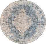 Round Herricks Denim Medallion Area Rug. Cream, denim, and beige medallion pattern. Bohemian style. Design-Round-710