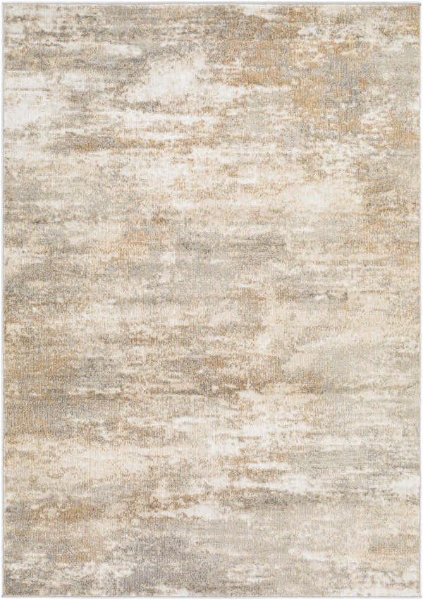 Close-up of the Harrismith Rug, a contemporary machine-woven rug in brown, denim, light slate, mustard, and off-white. Design-Rectangle-537