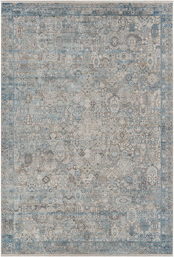 Detailed Hartsel Area Rug in charcoal, gray, and dark blue tones with a traditional, distressed pattern. Design-Rectangle