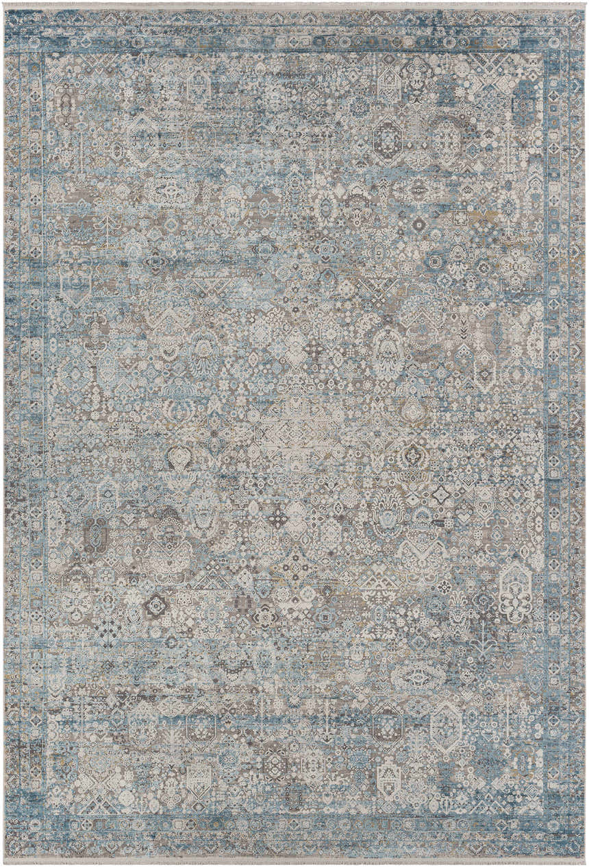Detailed Hartsel Area Rug in charcoal, gray, and dark blue tones with a traditional, distressed pattern. Design-Rectangle