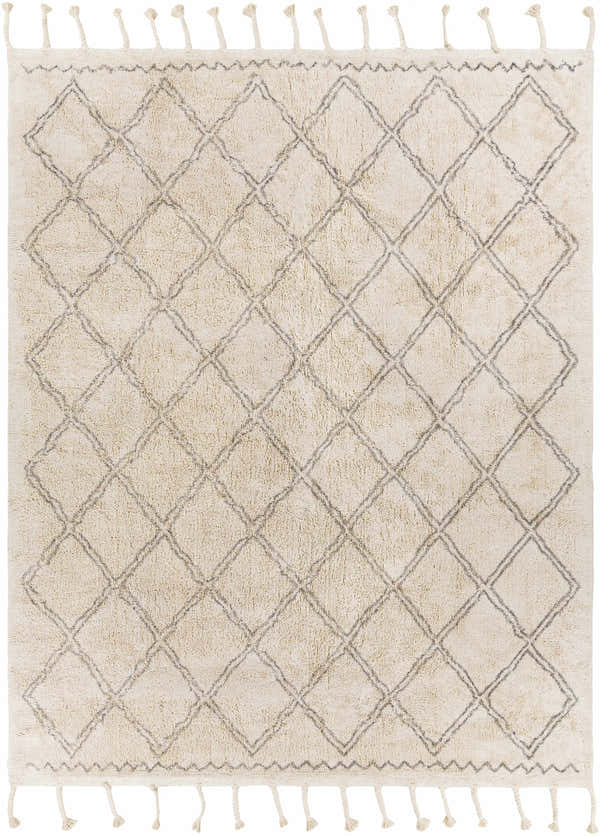 Close-up of the cream Harvester Area Carpet. Features a gray geometric diamond pattern and tassels. Hand woven cotton rug. Design-Rectangle-810
