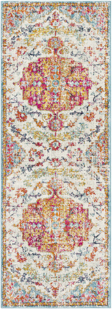 Close-up of the Hosking Area Rug. Traditional runner rug with burgundy, orange, teal, and beige floral pattern. Design-Runner-2773