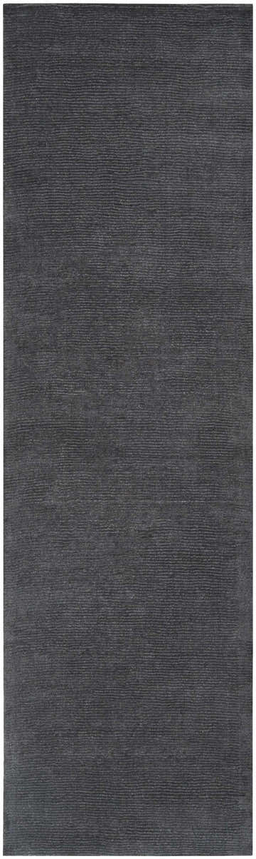 Close-up of the hand-loomed Brockton Solid Night Blue Wool Rug, showing its charcoal color and subtle striped texture. Design-Runner-268