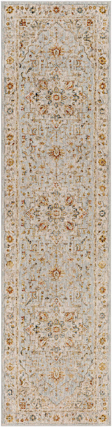 Close-up of the Huguley Floral Cream Luxe Rug. Features brick red, mustard, denim, and light brown floral pattern. Design-Runner-2710