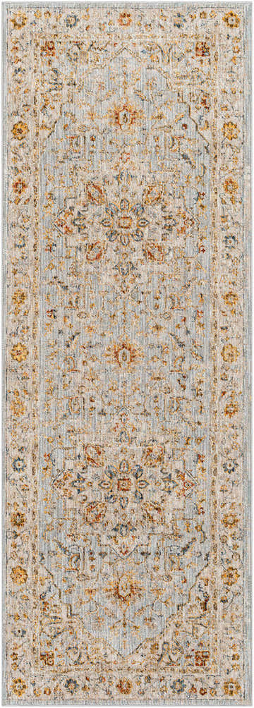Close-up of the Huguley Floral Cream Luxe Rug. Features brick red, cream, denim, and mustard floral pattern. Design-Runner-2773