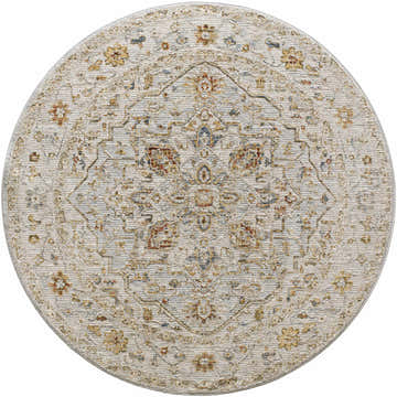 Close-up of a round Huguley Floral Cream Luxe Rug. Features a traditional floral pattern with brick red, mustard, and denim accents. Design-Round-53