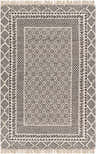 Close-up of the hand woven Hulda Area Rug. Farmhouse style rug in lambswool and dark gray with diamond and floral patterns. Design-Rectangle-576