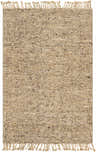 Close-up of the hand woven Humbird Area Rug. Tan and brown wool rug with fringe. Farmhouse, traditional, transitional style. Design-Rectangle-576