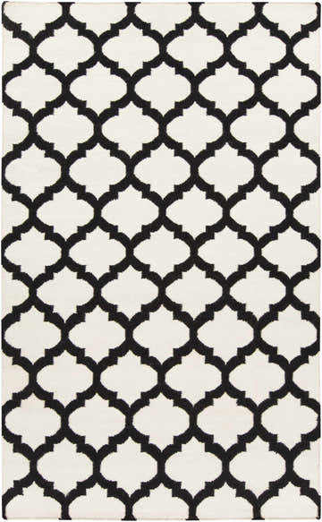 Close-up of the Humeston Area Rug. Black and ivory wool rug with a hand-woven, geometric quatrefoil pattern. Design-Rectangle-58