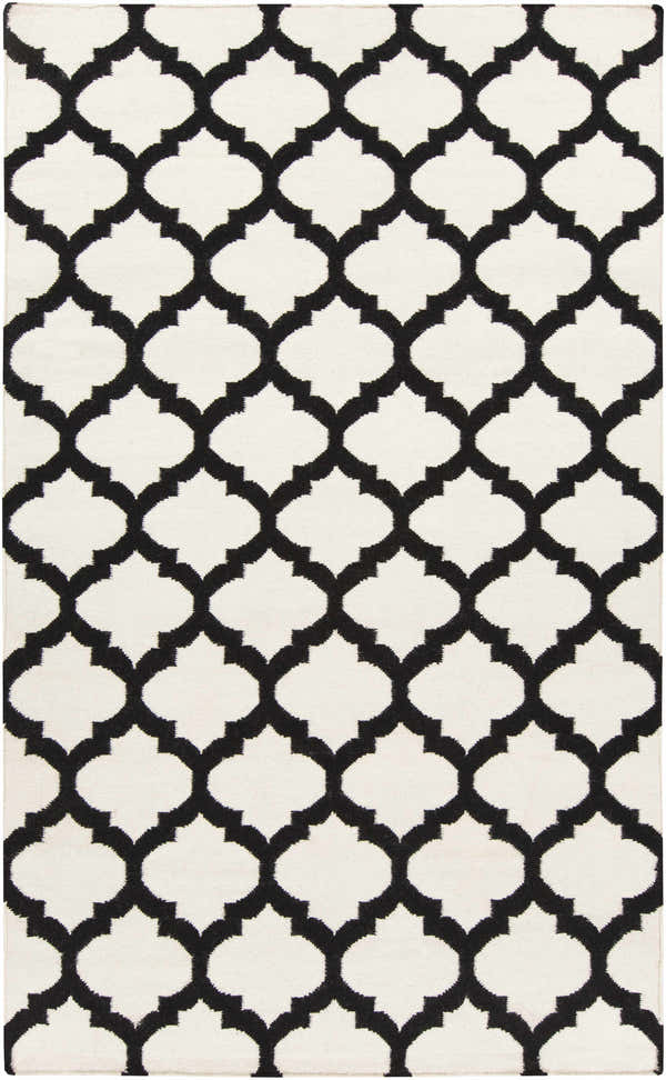 Close-up of the Humeston Area Rug. Black and ivory wool rug with a hand-woven, geometric quatrefoil pattern. Design-Rectangle-58