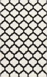 Close-up of the Humeston Area Rug. Black and ivory wool rug with a hand-woven, geometric quatrefoil pattern. Design-Rectangle-58