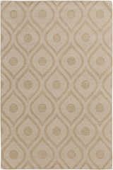 Close-up of a tan Hundred Area Rug. Hand-loomed wool rug with a contemporary teardrop and circle pattern. Design-Rectangle-576