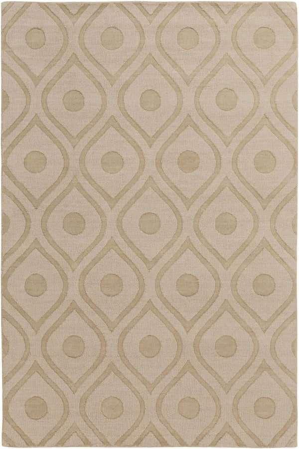 Close-up of a tan Hundred Area Rug. Hand-loomed wool rug with a contemporary teardrop and circle pattern. Design-Rectangle-576