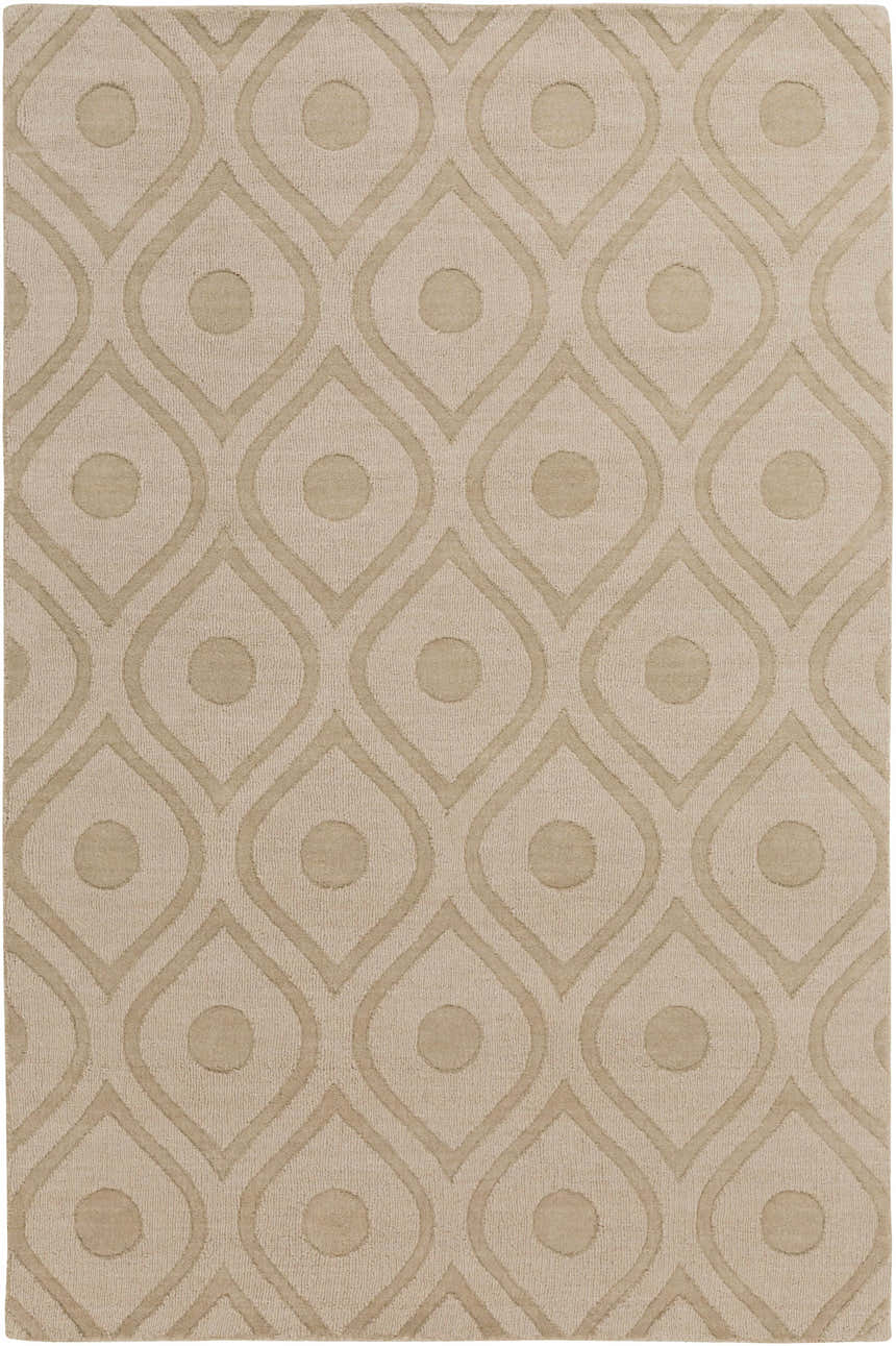 Close-up of a tan Hundred Area Rug. Hand-loomed wool rug with a contemporary teardrop and circle pattern. Design-Rectangle-576