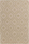 Close-up of a tan Hundred Area Rug. Hand-loomed wool rug with a contemporary teardrop and circle pattern. Design-Rectangle-576