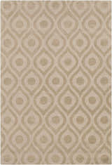 Close-up of the Hundred Area Rug. Tan wool rug with a contemporary ogee pattern. Hand-loomed texture. Design-Rectangle-69