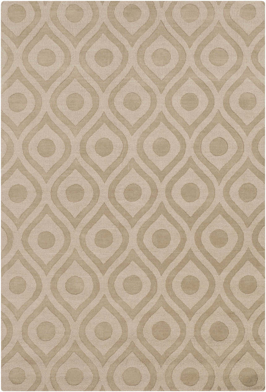 Close-up of the Hundred Area Rug. Tan wool rug with a contemporary ogee pattern. Hand-loomed texture. Design-Rectangle-69