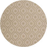 Close-up of a round, tan Hundred Area Rug. The wool rug has a contemporary geometric pattern. Design-Round-79