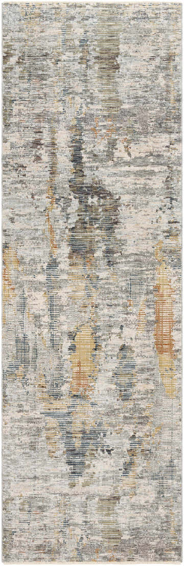 Close-up of the Hustontown Carved Statement Rug. Features a contemporary design in blue, gray, orange, and ivory hues. Design-Runner-3310