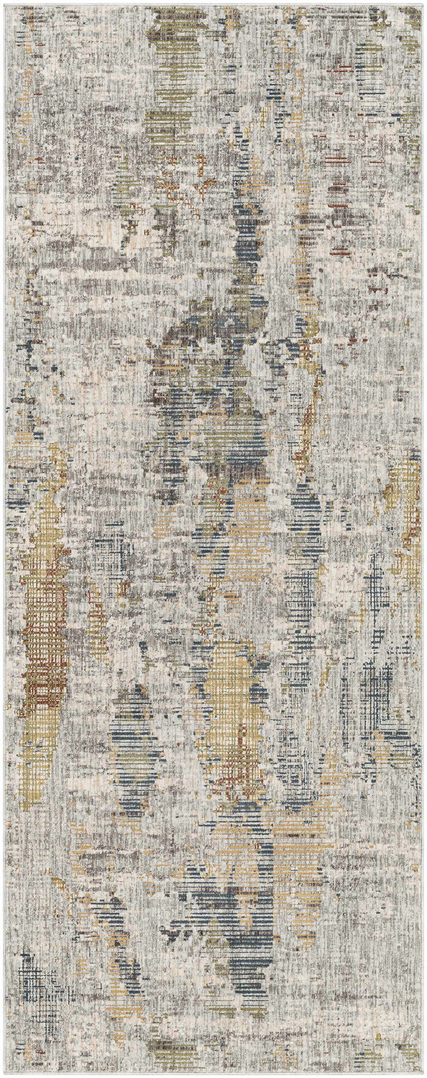 Close-up of the Hustontown Carved Statement Rug; abstract design in blue, charcoal, sage, gray, olive, orange, saffron, and wheat. Design-Runner-338