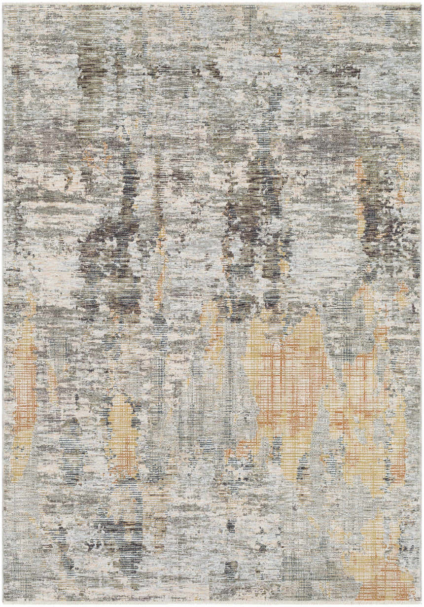 Close-up of the Hustontown Carved Statement Rug. Abstract design with blue, charcoal, sage, gray, ivory, and saffron hues. Design-Rectangle-582