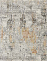 Close-up of the Hustontown Carved Statement Rug. Abstract design in blue, charcoal, gray, ivory, and saffron hues. Design-Rectangle-710103