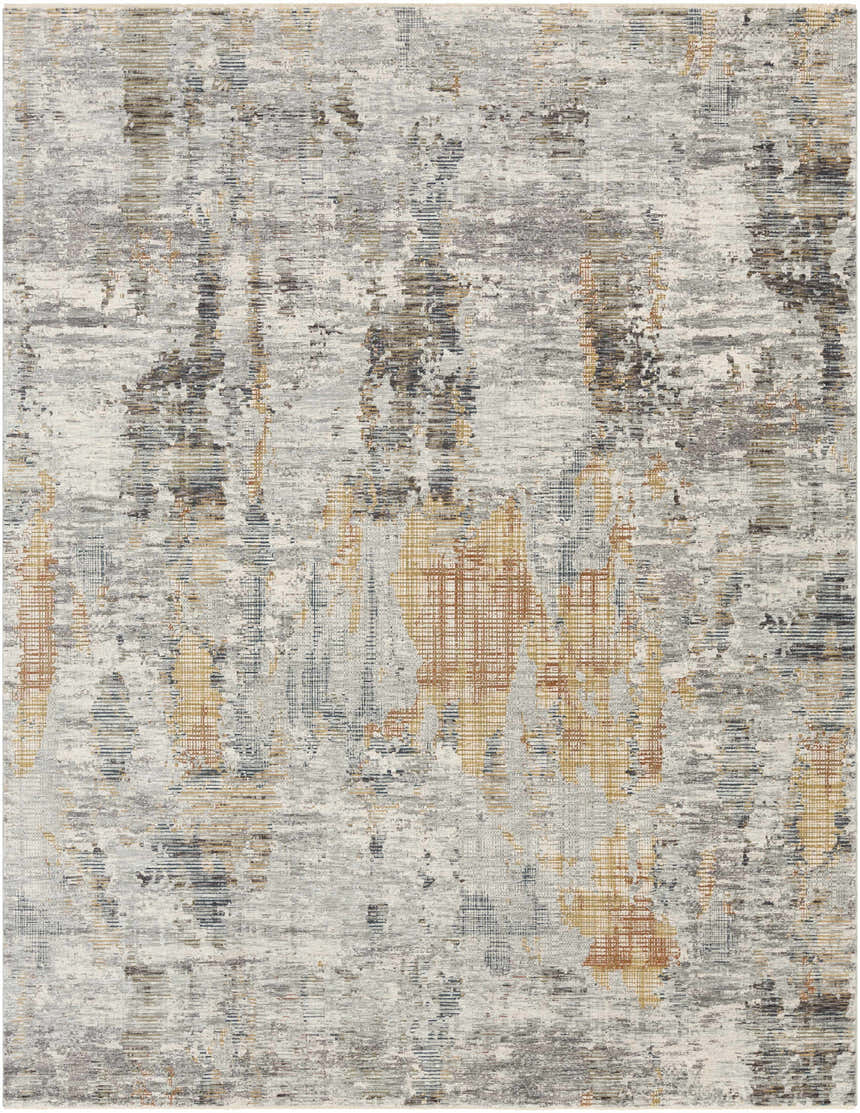 Close-up of the Hustontown Carved Statement Rug. Abstract design in blue, charcoal, gray, ivory, and saffron hues. Design-Rectangle-710103