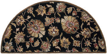 Close-up of a Hearth-shaped Huxley Area Rug. Black background with beige, brown, and red floral pattern. 100% Wool. Design-Hearth