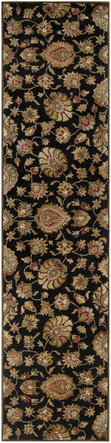 Close-up of the Huxley Area Rug, a black wool runner with a traditional floral pattern in beige, brown, olive, and red. Design-Runner-312