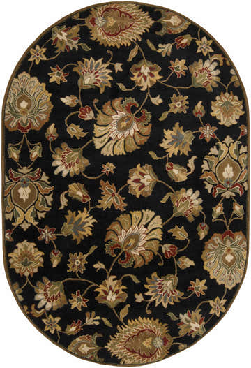 Oval Huxley Area Rug with a black background and beige, red, and olive floral pattern. Hand-tufted wool rug. Design-Oval-69