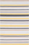 Close-up of Hyattstown Clearance Outdoor Rug. Hand woven olefin rug with charcoal, ivory, tan, and yellow stripes. Design-Rectangle-576