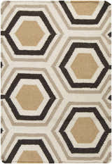 Close-up of Hydeville Area Rug. Black, camel, and light beige hexagon pattern on a hand woven wool rug. Design-Rectangle-23