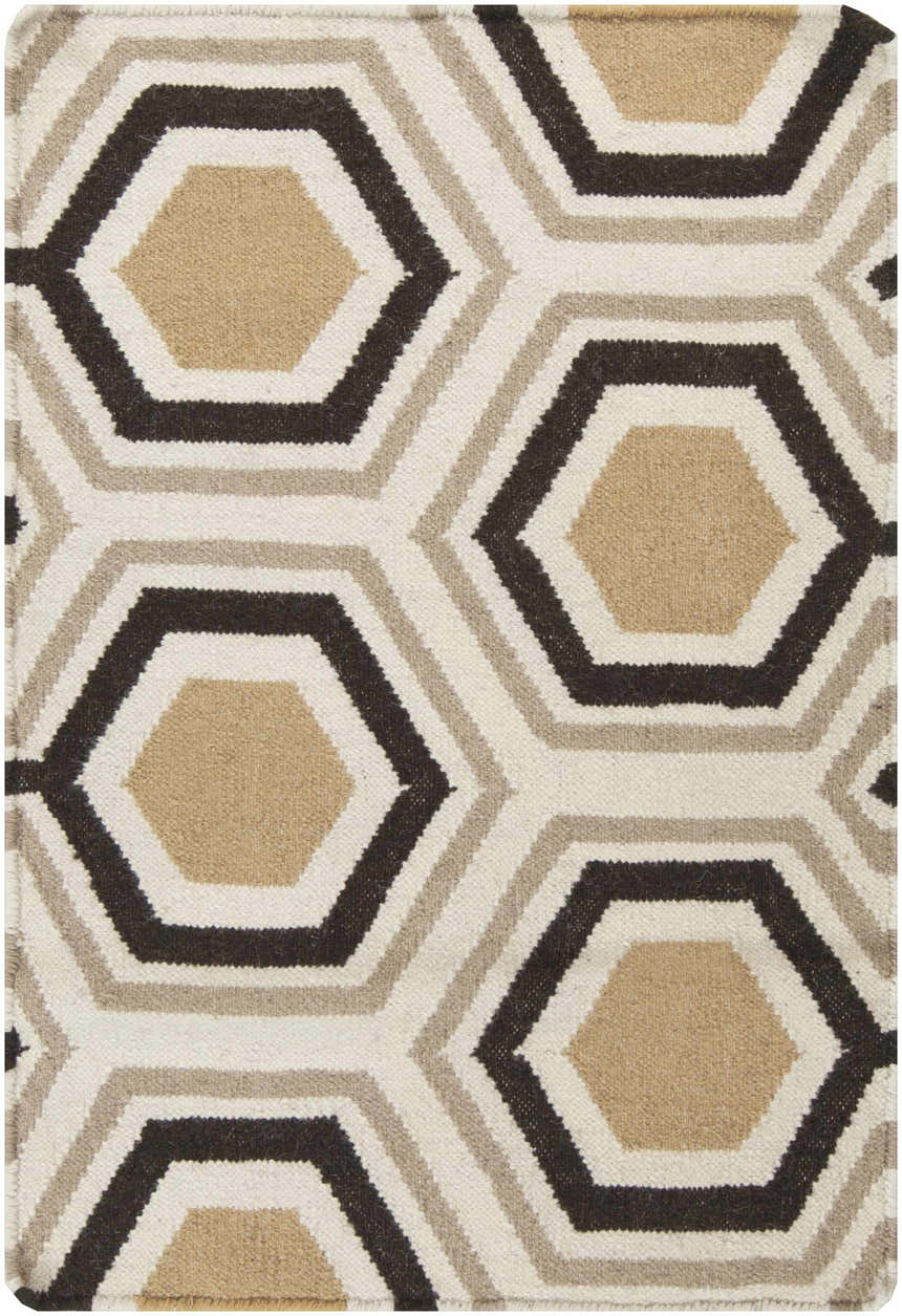 Close-up of Hydeville Area Rug. Black, camel, and light beige hexagon pattern on a hand woven wool rug. Design-Rectangle-23