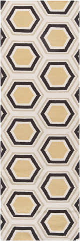 Hydeville Area Rug, a hand woven wool rug with a geometric hexagon pattern in black, camel, and light beige. Design-Runner-268