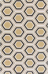 Close-up of the Hydeville Area Rug featuring a geometric hexagon pattern in black, camel, and light beige. Design-Rectangle-58