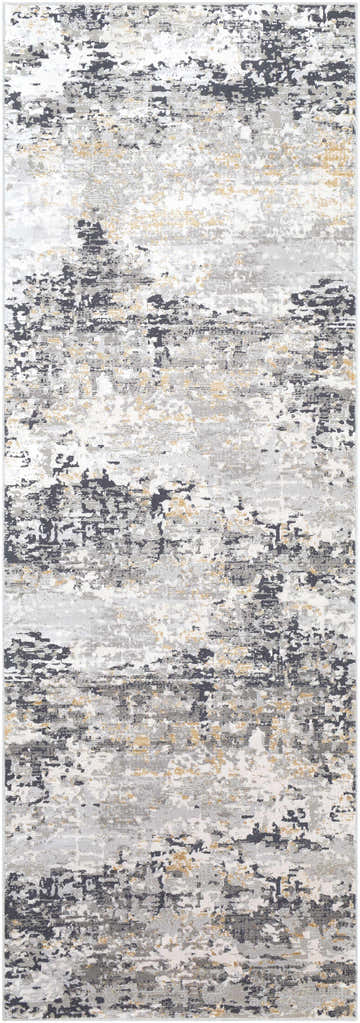 Close-up of the Hyner Area Rug, a contemporary design in charcoal, gray, and mustard hues. Abstract pattern and soft texture. Design-Runner-2777