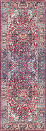 Detailed Ichon Area Rug with brick red, charcoal, and cream colors. Bohemian style, machine woven polyester rug. Design-Runner-2676