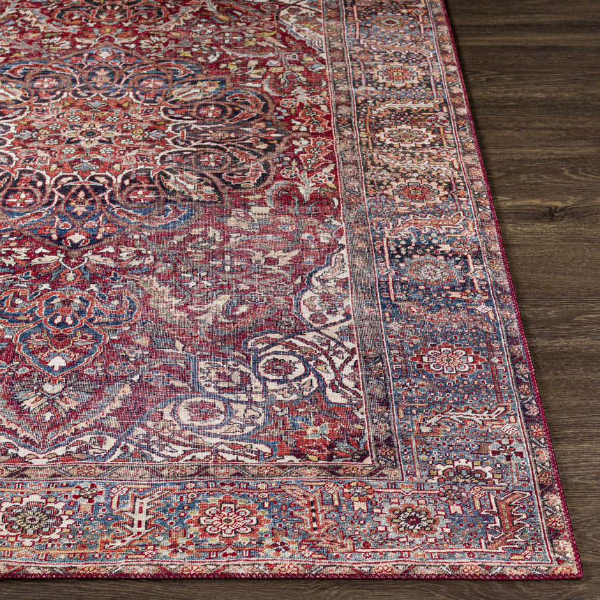 Close-up of the Ichon Area Rug showing its traditional, bohemian pattern in brick red, cream, charcoal, and blue. Front