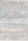 Close-up of the Idoya Thick Luxe Boutique Rug. Features a distressed horizontal stripe pattern in beige, brown, gray, and blue. Design-Rectangle-575