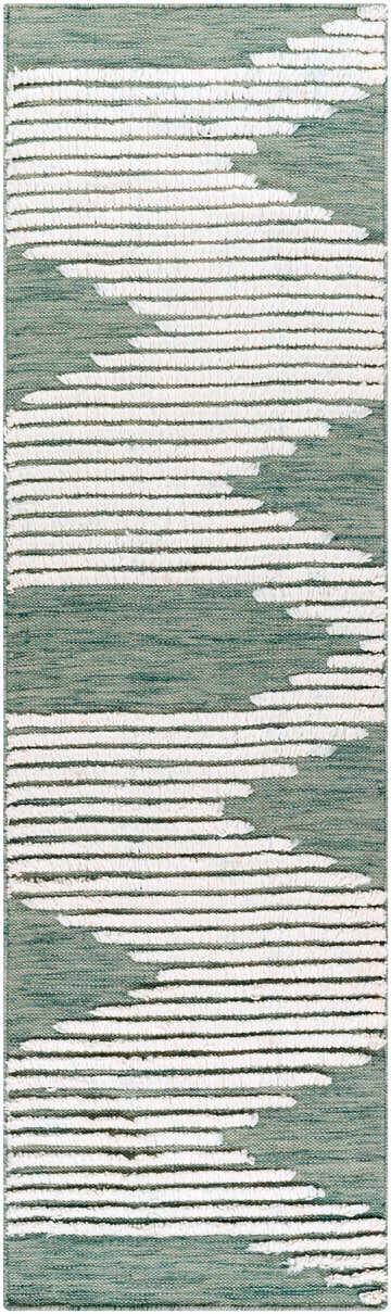 Close-up of the Igcocolo Sage Green High-Low Wool Carpet, showing cream and sage horizontal stripe pattern and woven texture. Design-Runner-268
