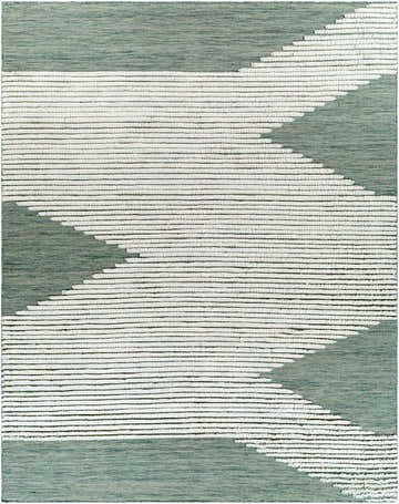 Close-up of the Igcocolo Sage Green High-Low Wool Carpet, featuring a cream and sage geometric design. Design-Rectangle-810