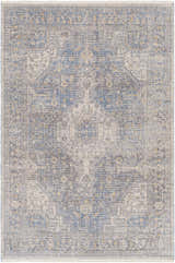 Detailed texture of the Akio Blue Area Rug, featuring a traditional oriental pattern with blue, gray, ivory, and mustard tones. Design-Rectangle-537