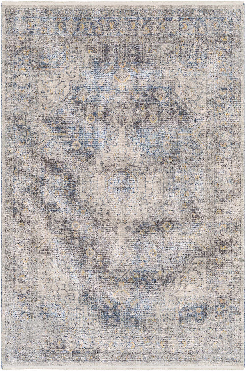 Detailed texture of the Akio Blue Area Rug, featuring a traditional oriental pattern with blue, gray, ivory, and mustard tones. Design-Rectangle-537